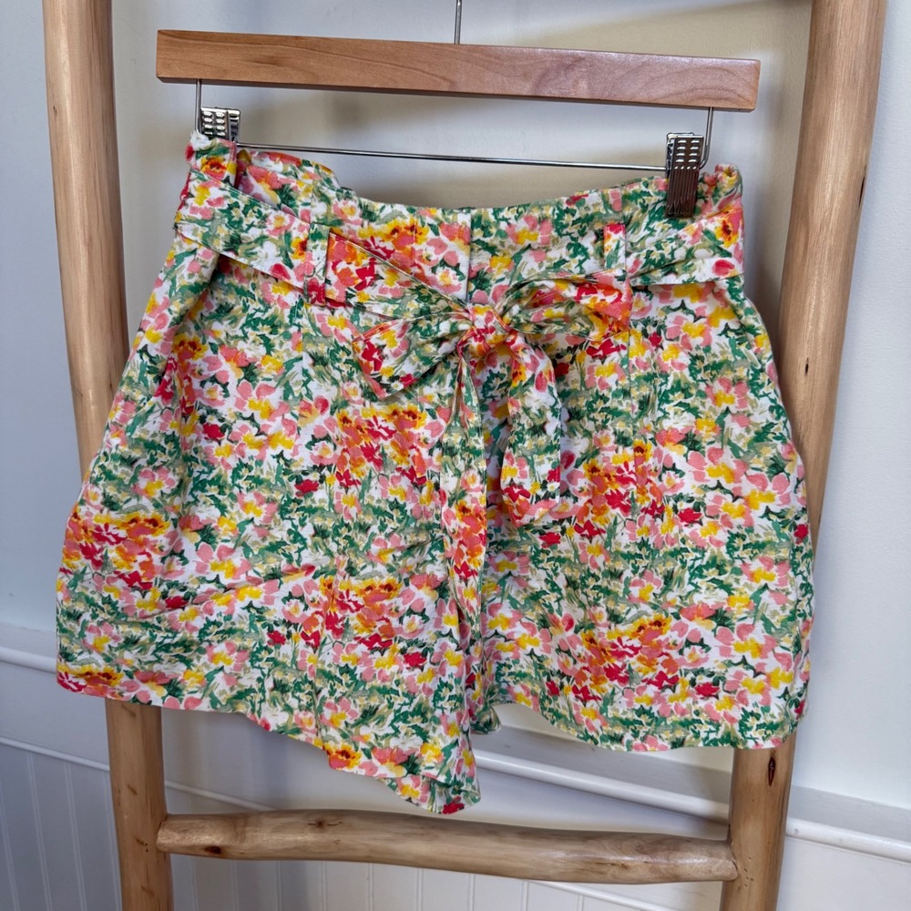 LOFT Womens Floral Linen Blend Paperbag Waist Shorts with Tie Belt Pink Yellow S